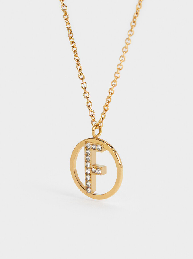 Short Steel Necklace With Letter F, Golden, hi-res