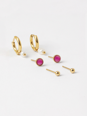 Set Of Stainless Steel Earrings, Pink, hi-res