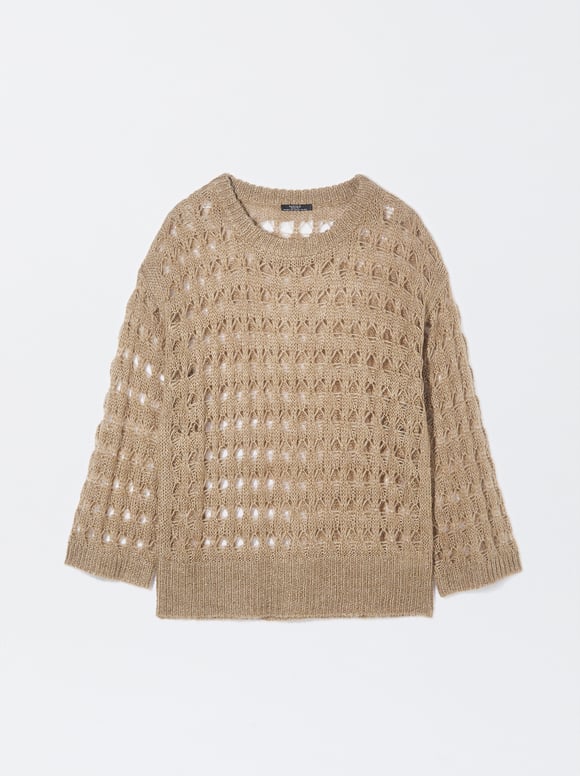 Open Knit Sweater With Wool, Brown, hi-res