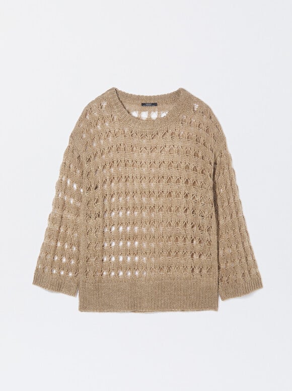 Open Knit Sweater With Wool, Brown, hi-res