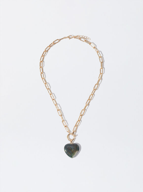 Golden Necklace With Heart Pendant, Green, hi-res