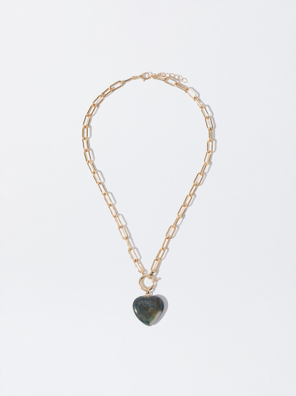 Golden Necklace With Heart Pendant, Green, hi-res