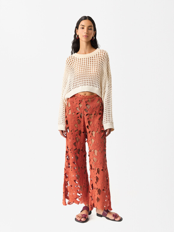 Online Exclusive - Embroidered Cotton Pants Ecru