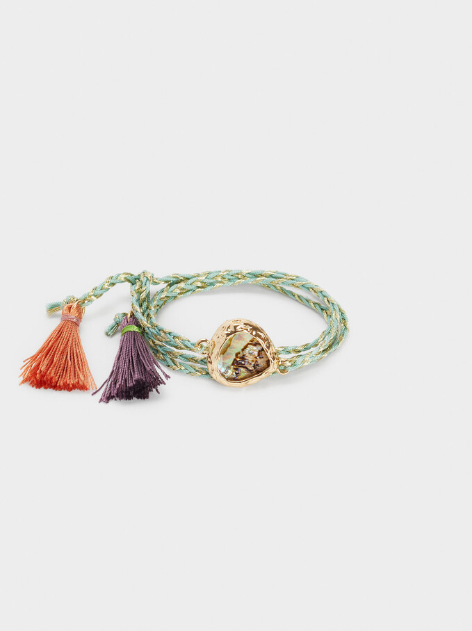 Cord Bracelet With Tassels And Charm, Green, hi-res