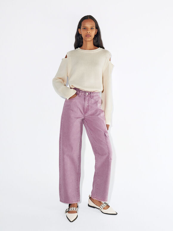 Cotton Cargo Trousers, Pink, hi-res