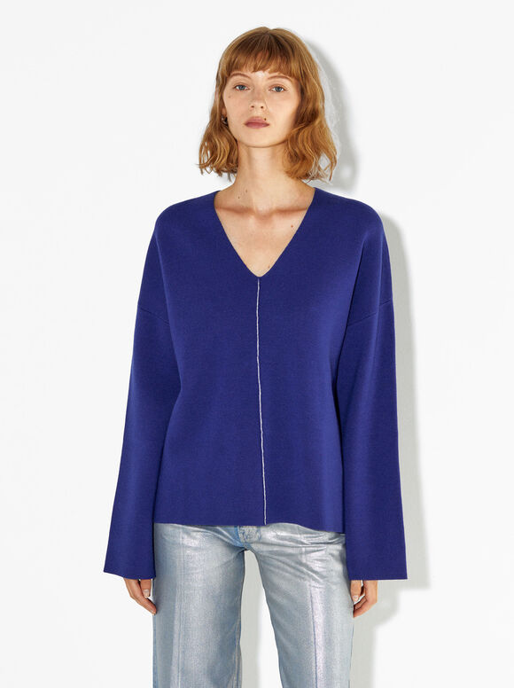 Contrast Knit Sweater, Blue, hi-res