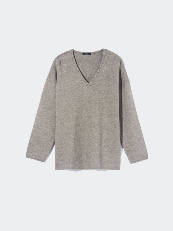 Knitted V-Neck Sweater, Brown, hi-res