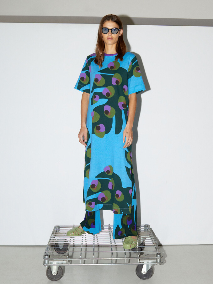 Leaf Print Midi Dress, Blue, hi-res