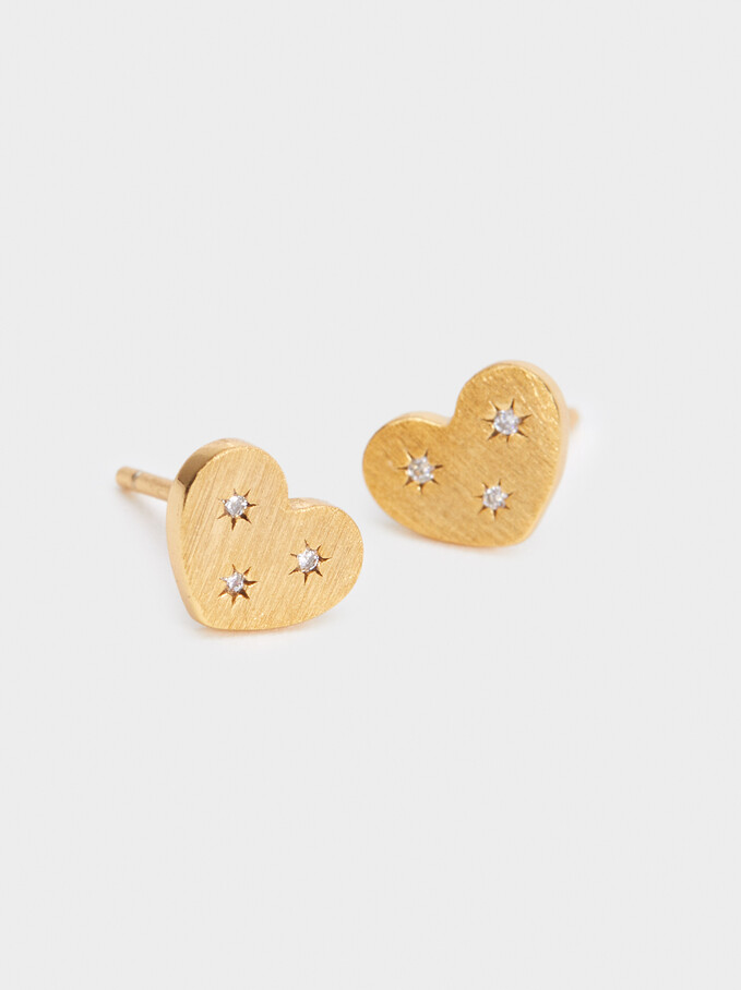 925 Silver Heart Stud Earrings With Zirconia, Golden, hi-res