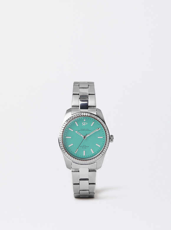 Watch With Steel Wristband, Green, hi-res