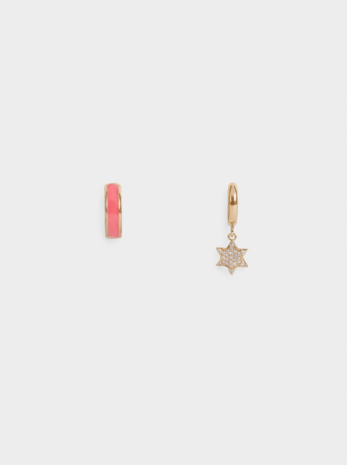 Set Of Short Hoops With Star And Zirconia, Pink, hi-res
