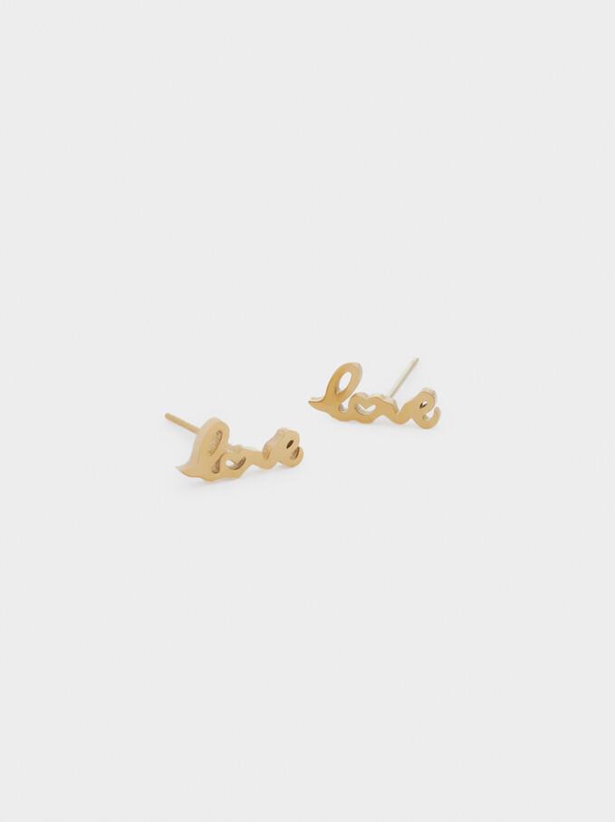 Short Stainless Steel Love Earrings, Golden, hi-res