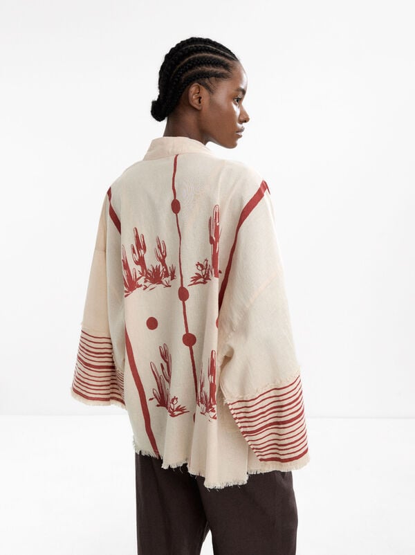 Printed kimono made of linen and cotton