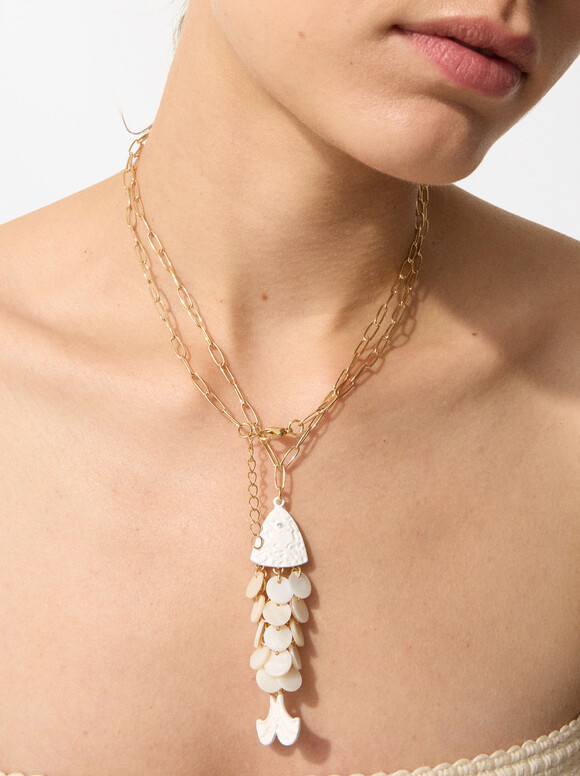 Long Shell Necklace, White, hi-res