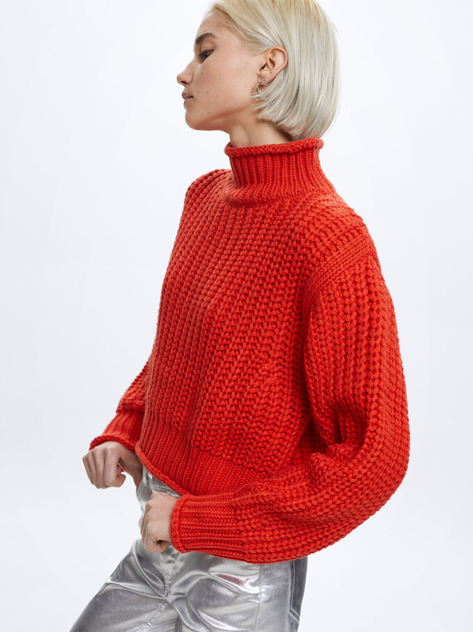 High-Neck Knit Sweater, Orange, hi-res
