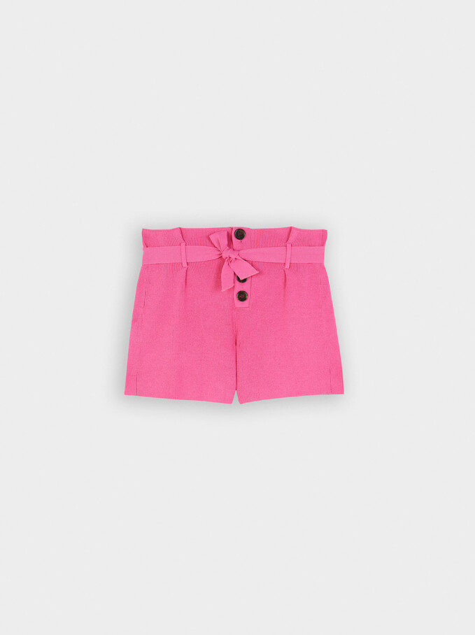 Knit Shorts With Bow And Buttons, Pink, hi-res