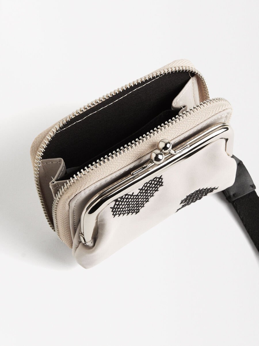 Hearts-embroidered nylon wallet