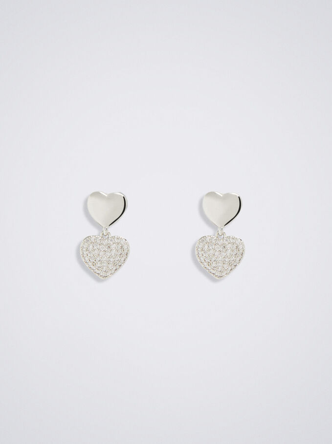 Earrings With Heart And Zirconia, Silver, hi-res