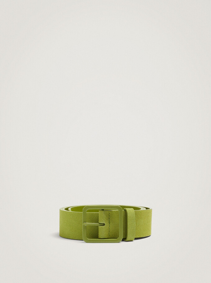 Suede Belt With Square Buckle, Green, hi-res