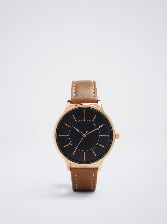 Watch With Leather Effect Wristband, Camel, hi-res