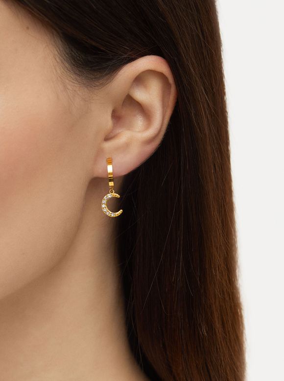 Stainless Steel Hoop Earrings With Moon And Star, Golden, hi-res