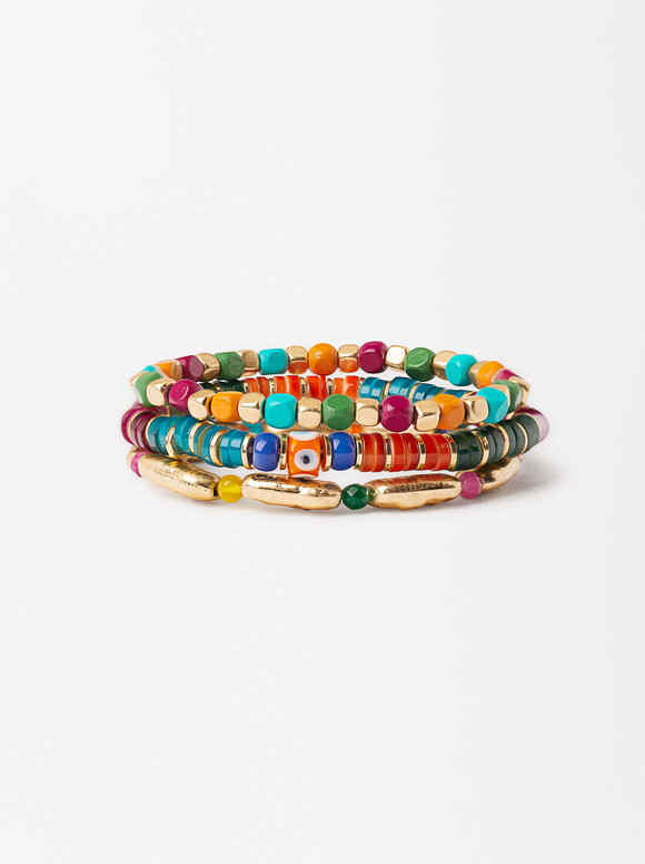 Set Of Elastic Bracelets With Stone, Multicolor, hi-res