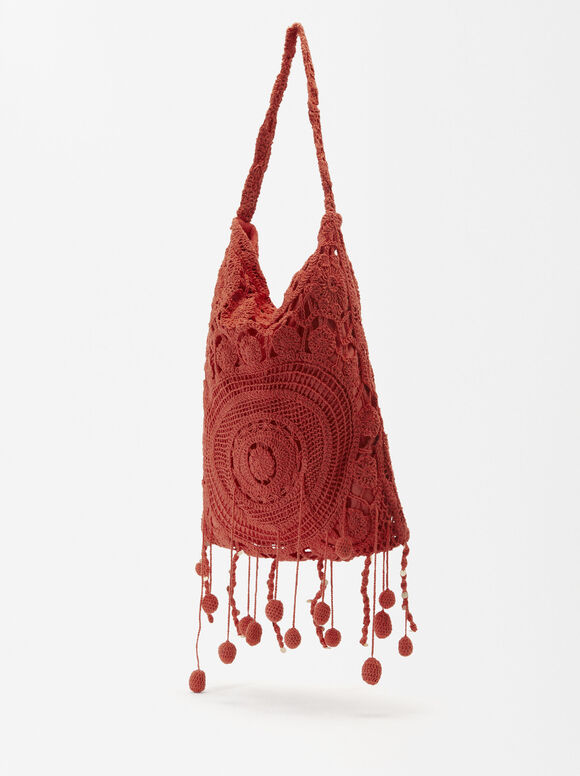 Crochet Shoulder Bag, Red, hi-res