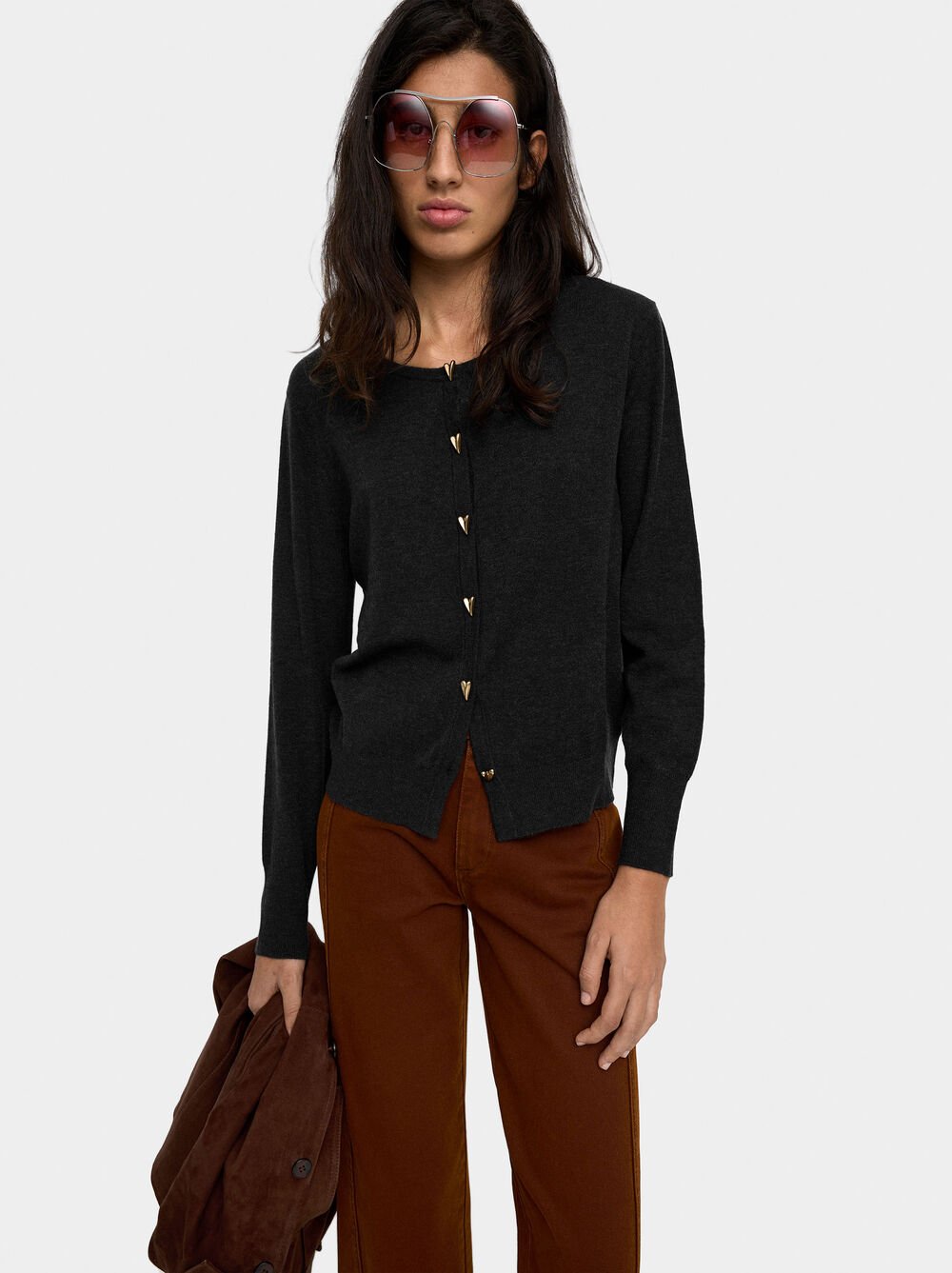 Knit mesh cardigan with heart buttons