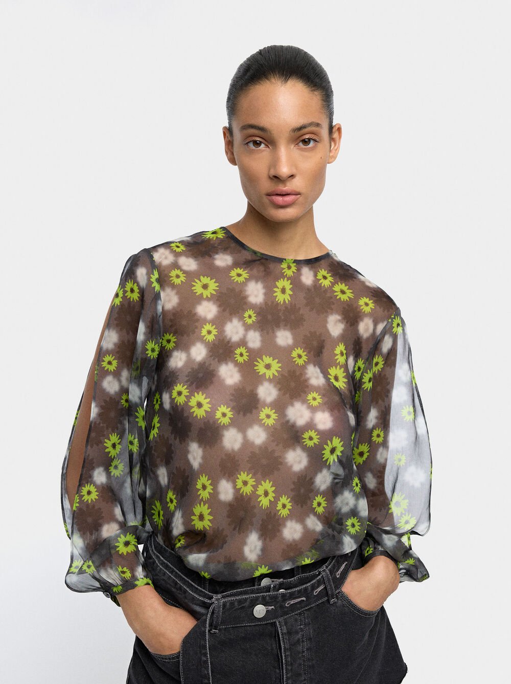 Semi-sheer floral print blouse