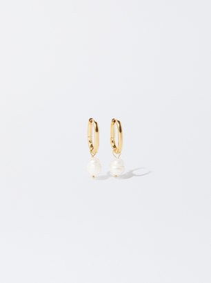 Stainless Steel Earrings With Pearl, Golden, hi-res