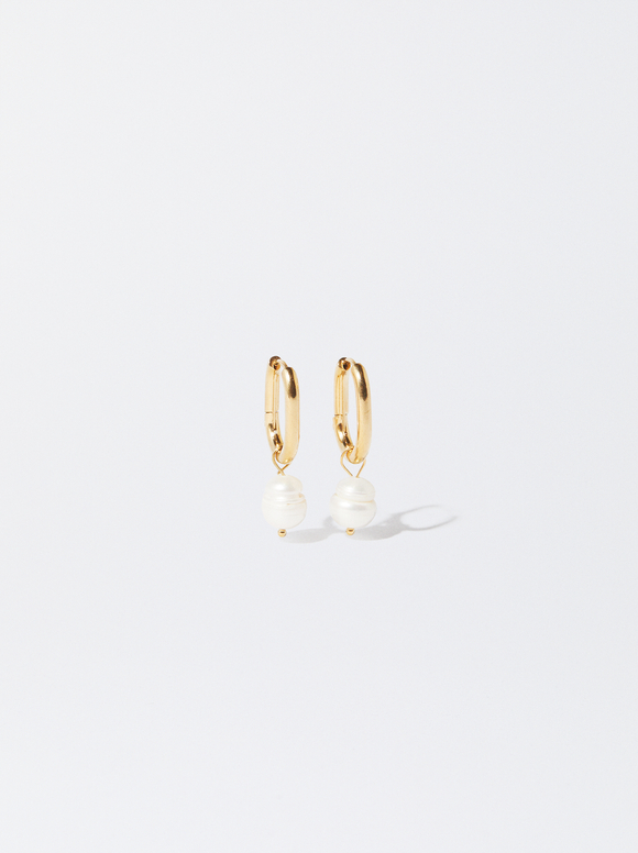 Stainless Steel Earrings With Pearl, Golden, hi-res