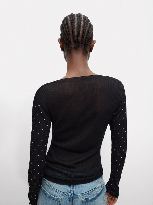 Knit sweater with rhinestones