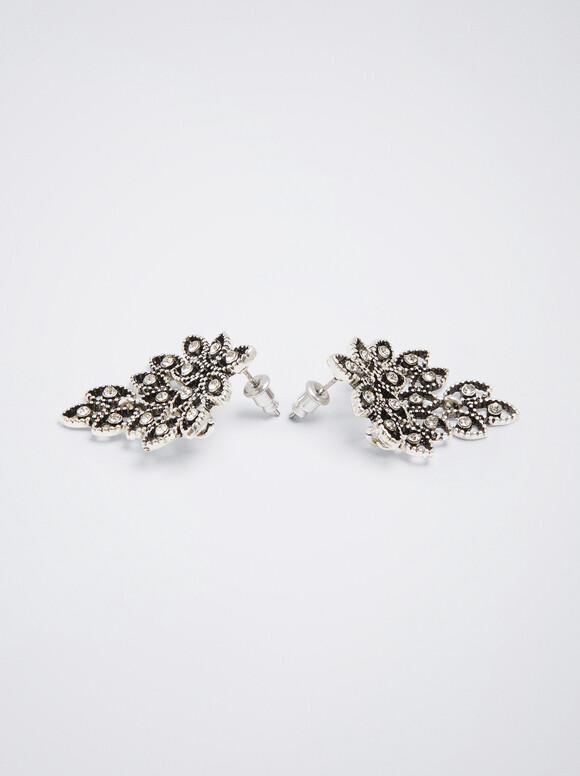 Medium Rhinestone Earrings, Silver, hi-res
