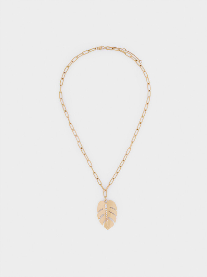Short Stainless Steel Leaf Necklace, Golden, hi-res