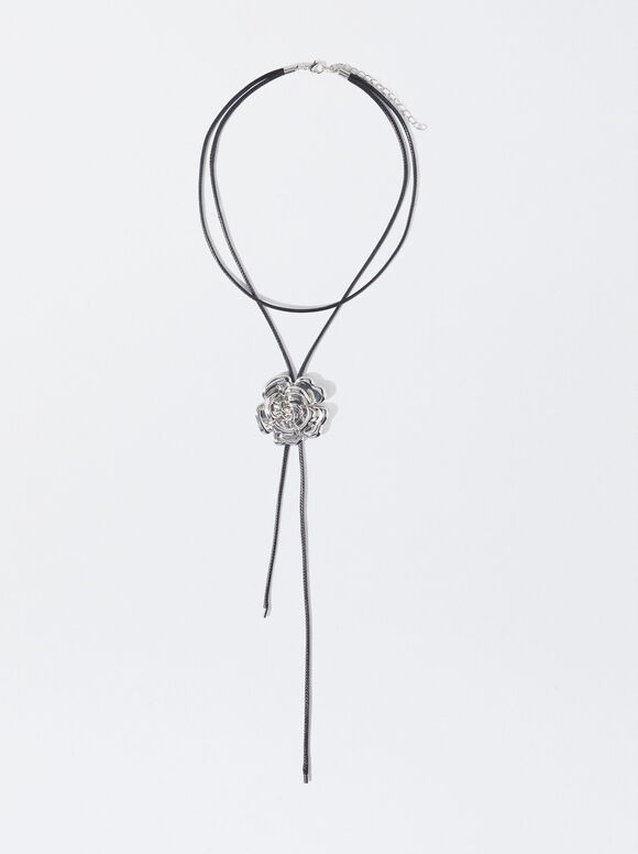 Rope Necklace With Flower, Silver, hi-res