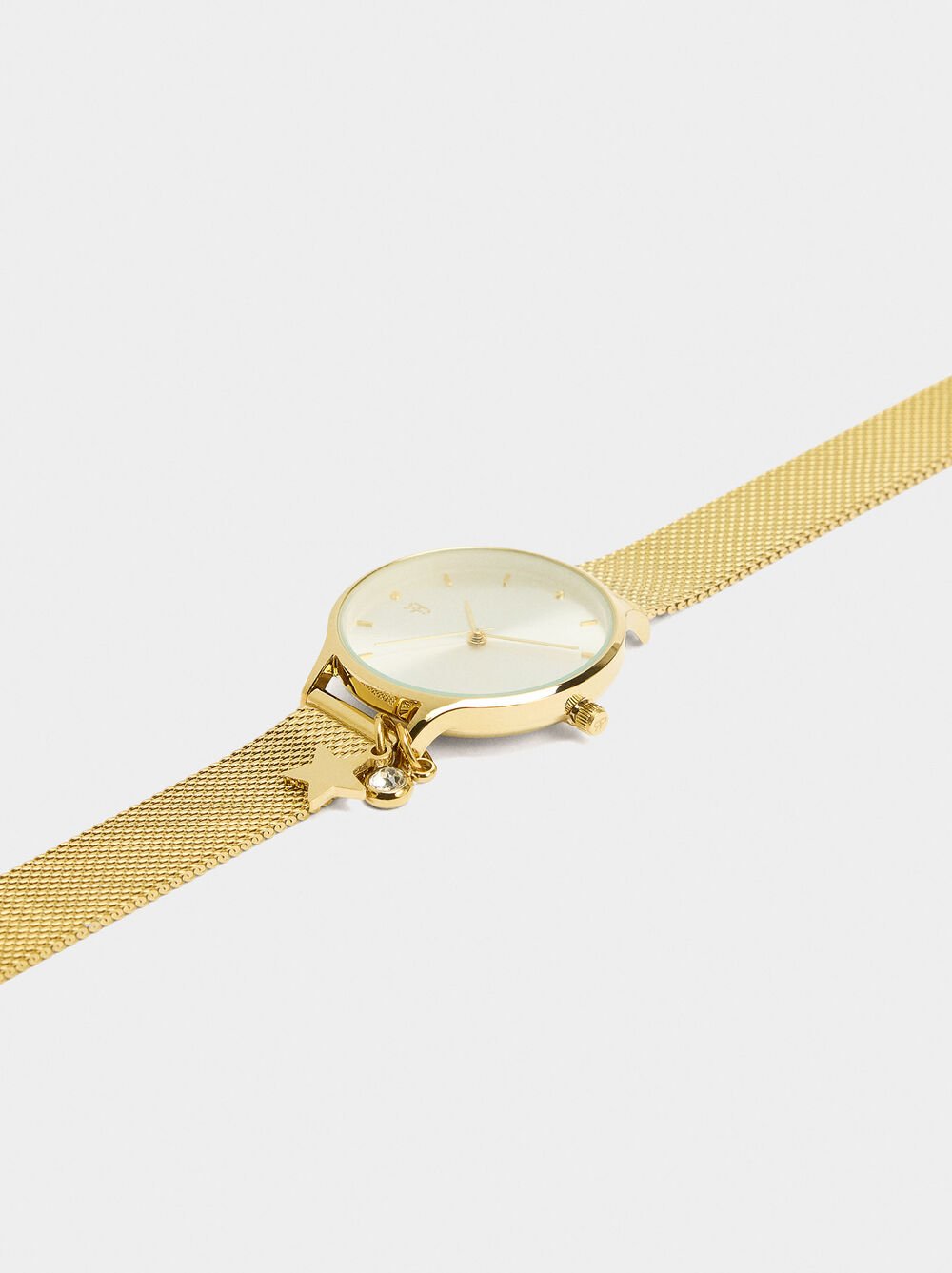 Watch with metal mesh bracelet and charm