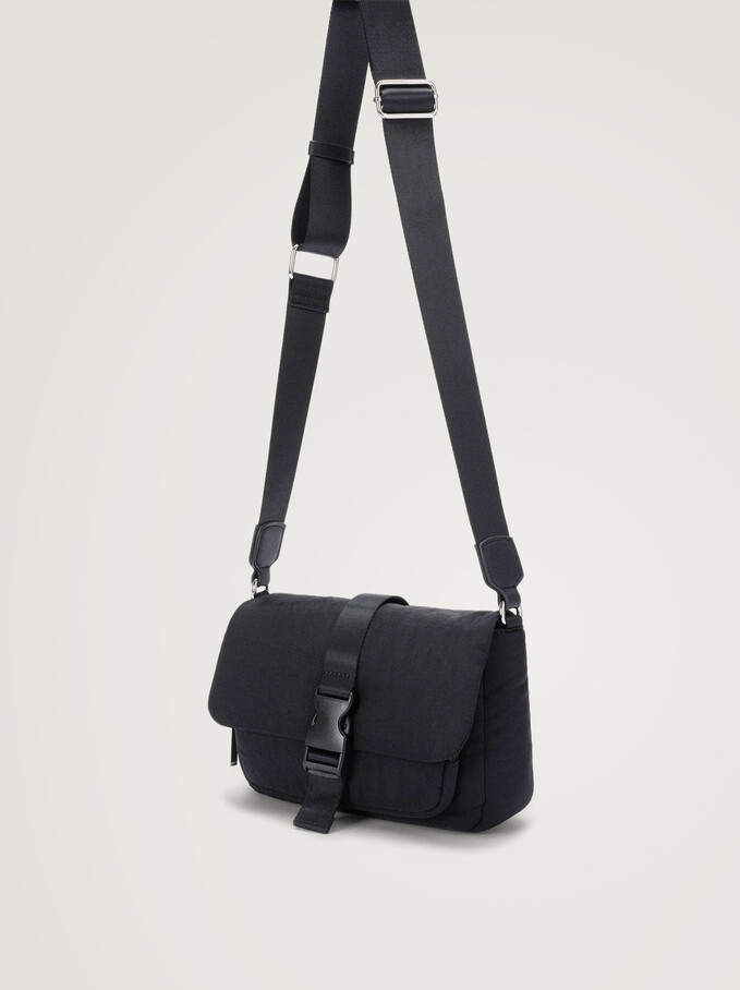 Nylon Crossbody Bag With Buckle, Black, hi-res