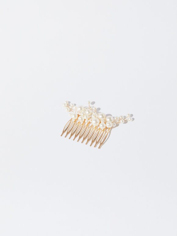 Hair Comb With Pearls, White, hi-res