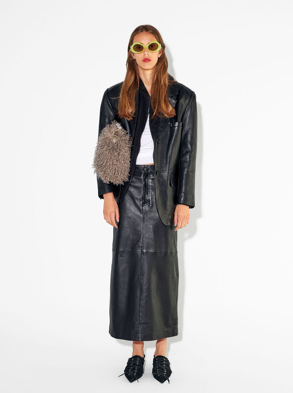 Online Exclusive - Leather Long Skirt, Black, hi-res