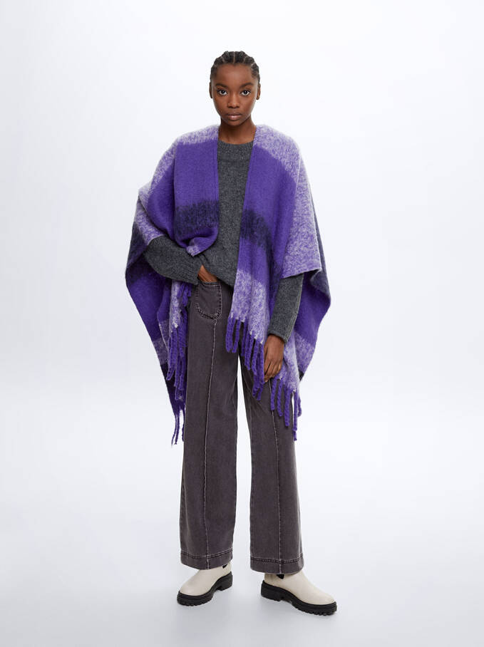 Knit Poncho With Fringes, Purple, hi-res