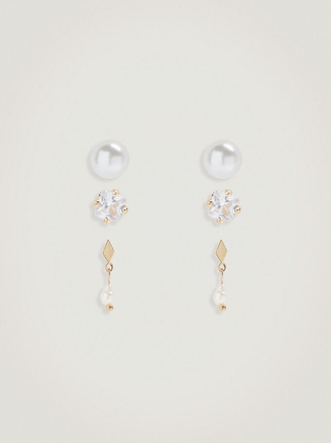 Set Of Earrings With Freshwater Pearl, Golden, hi-res