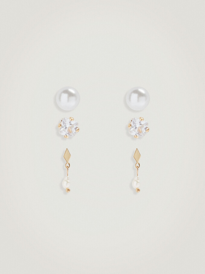 Set Of Earrings With Freshwater Pearl, Golden, hi-res