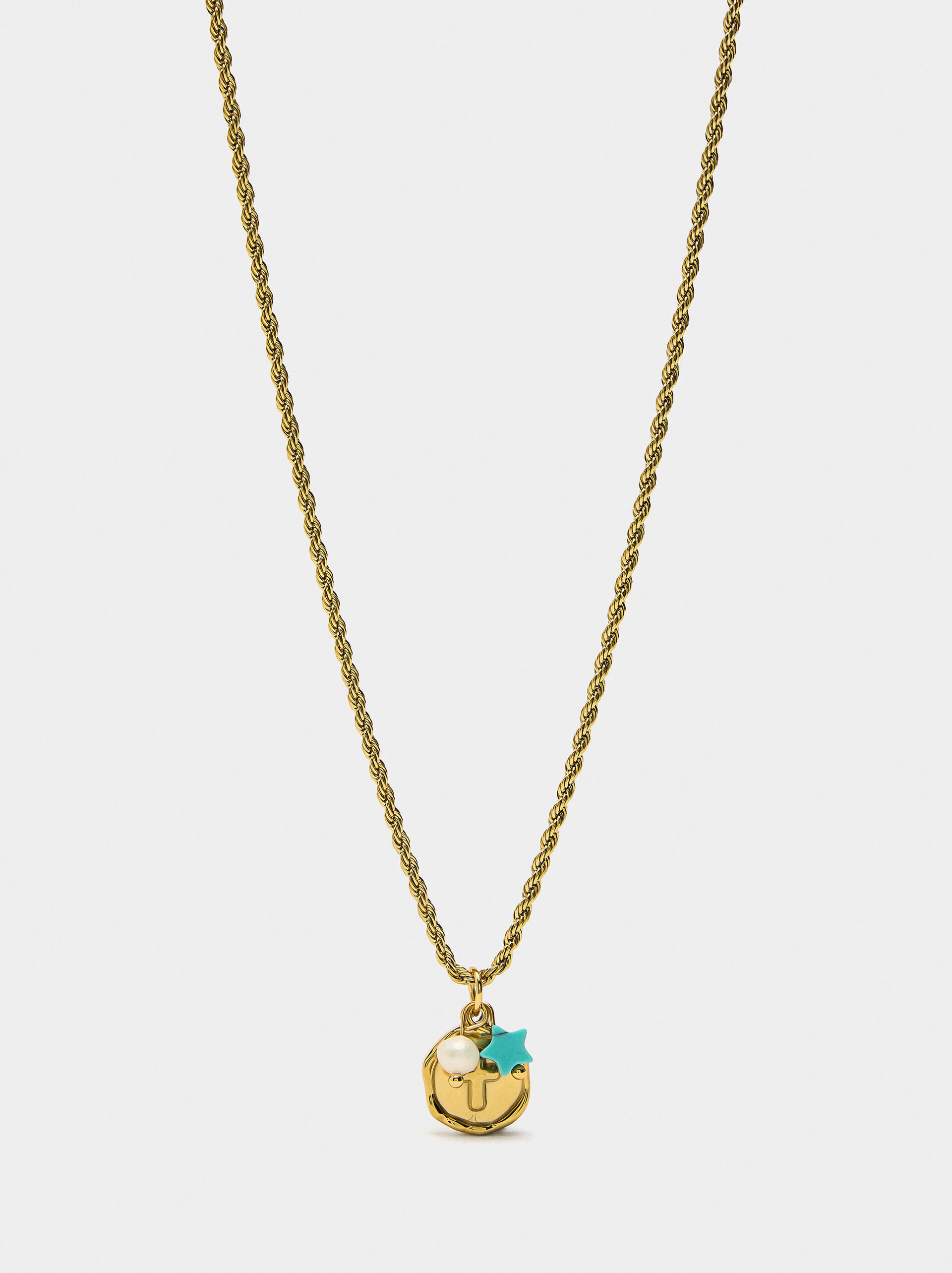 Necklace with stone and freshwater pearl – stainless steel image number 1.0