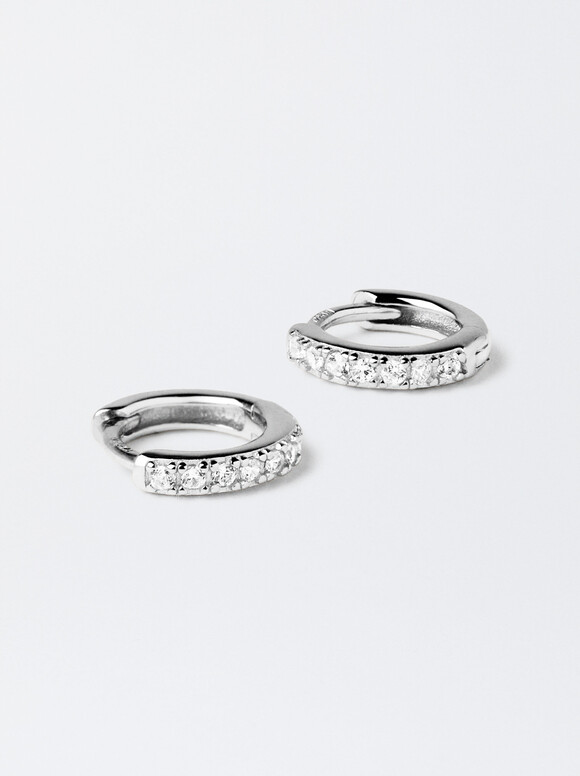 925 Sterling Silver Hoops With Zirconia, Silver, hi-res