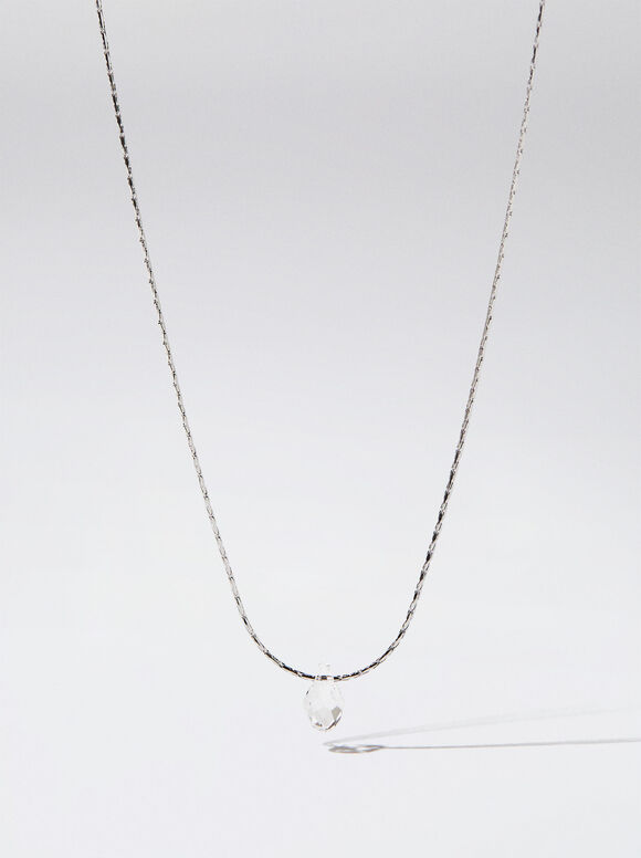 Silver Stainless Steel Necklace With Crystal, Silver, hi-res