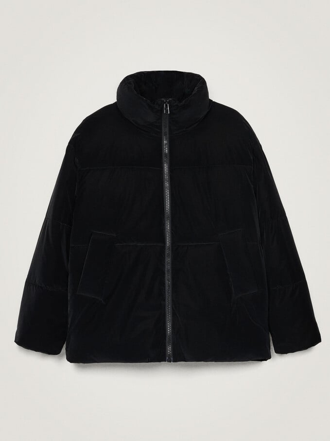 High Neck Quilted Coat With Pockets, Black, hi-res