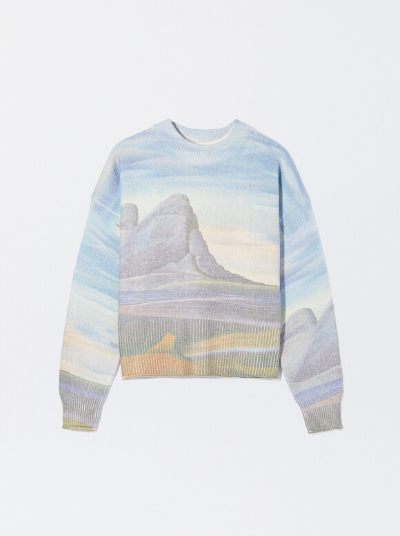 Online Exclusive - Printed Knit Sweater, Ecru, hi-res