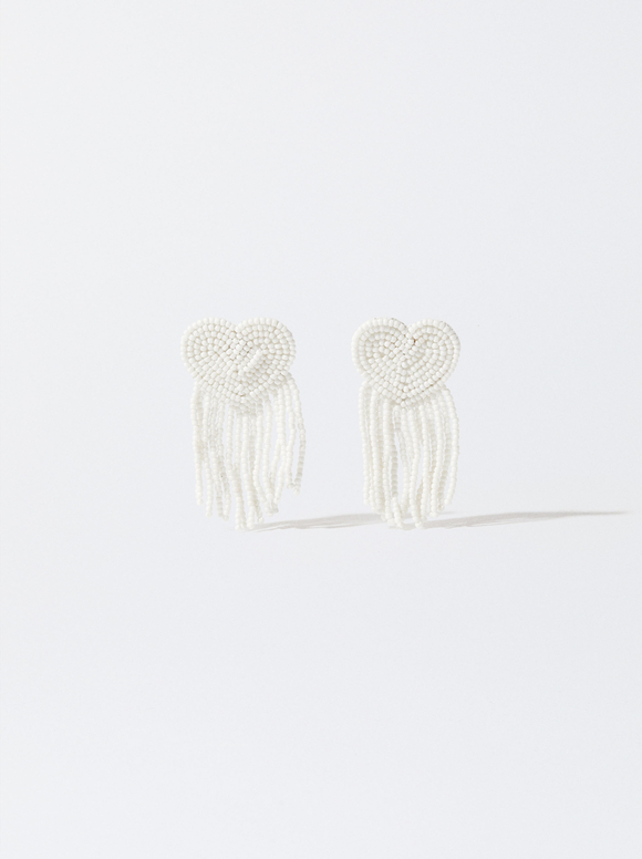 Earrings With Heart And Beads, White, hi-res
