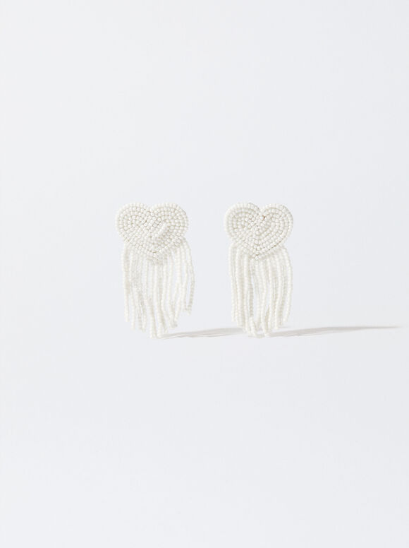 Earrings With Heart And Beads, White, hi-res