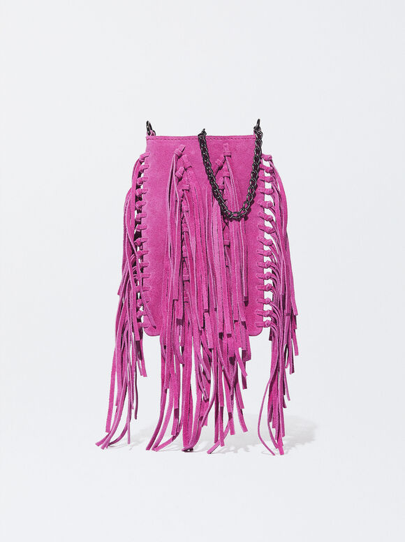 Leather Phone Bag With Fringes, Purple, hi-res